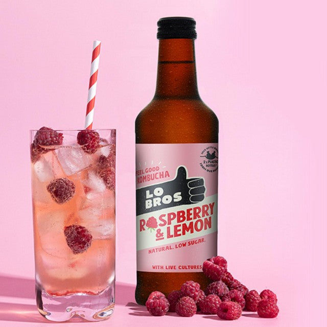 Lo Bros kombucha raspberry and lemon low sugar 330ml, UK version