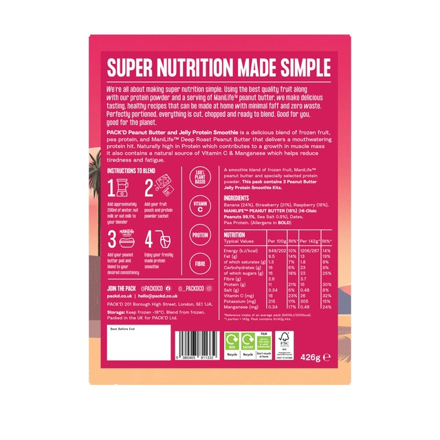 Pack'd peanut butter and jelly protein smoothie kit 3x142g, imported from the UK