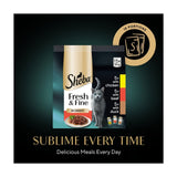 Sheba wet cat food pouches with chicken, beef, and duck varieties, 15 x 50g (British brand)
