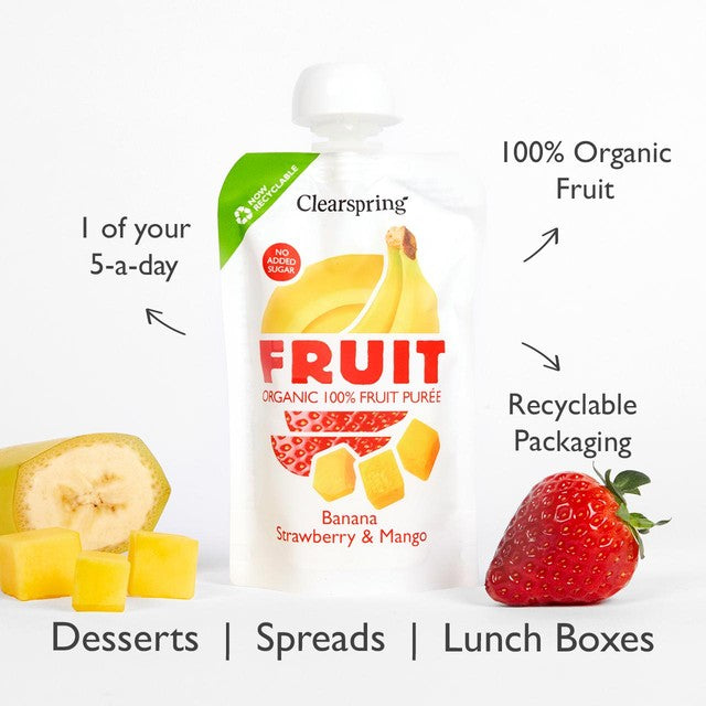 Clearspring organic fruit puree banana strawberry mango pouch, UK version