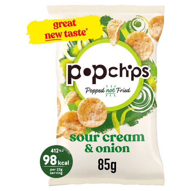 Popchips sour cream and onion sharing crisps 85g, imported from the UK