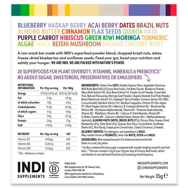 Indi Gut Bar Berry and Nut high fibre snack 35g, imported from the UK