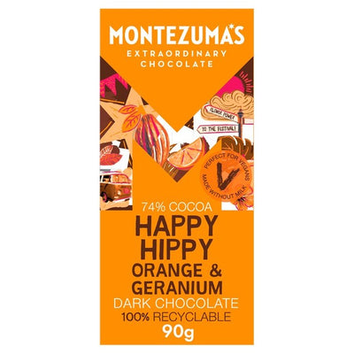 M&S Montezuma's Happy Hippy Appelsin & Geranium Økologisk Mørk Sjokoladebar 90g - Kjøp online på McGrocer