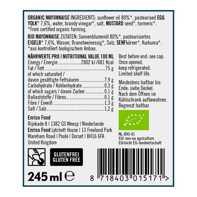 Jean Bâton Mayonnaise Organic No Sugar 245ml, UK version
