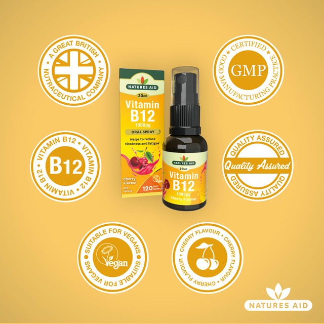 Natures Aid Vitamin B12 oral spray cherry flavour 30ml, imported from the UK