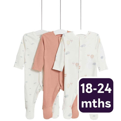 M&S Pure Cotton Balloon and Cloud Baby Sleepsuit 3 Pack 18-24 Months