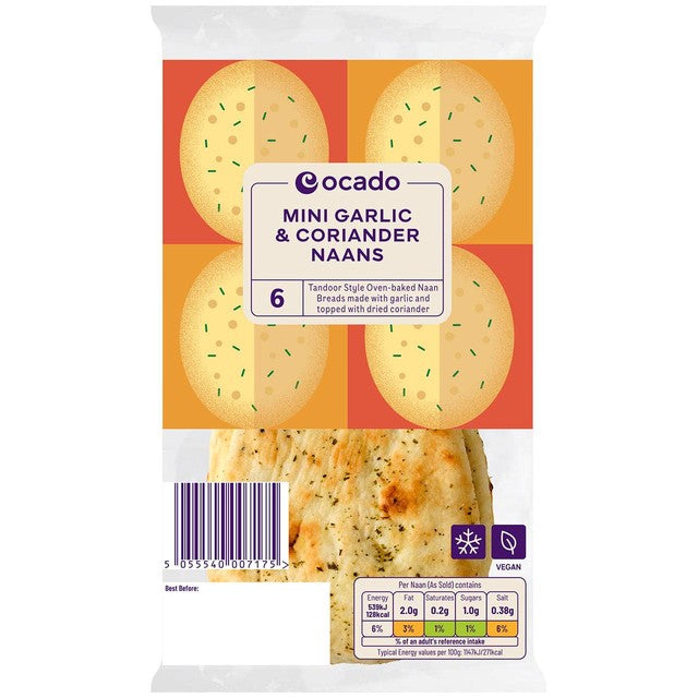 Ocado garlic & coriander naan breads 6 pack, imported from the UK