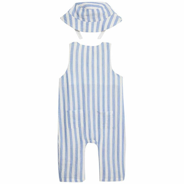 M&S blue striped romper and sunhat set 6-9 months, imported from the UK