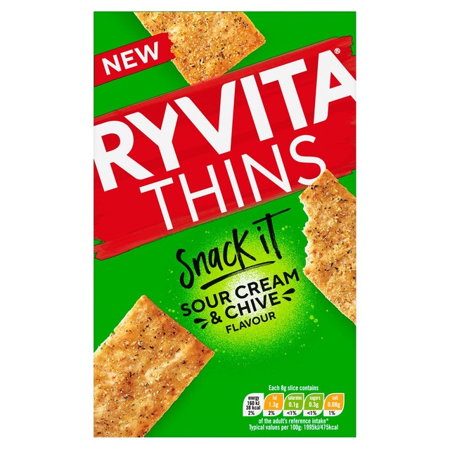 Ryvita flatbread snacks sour cream and chive 125g, imported from the UK