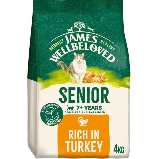 James Wellbeloved senior dry cat food turkey bag, imported from the UK