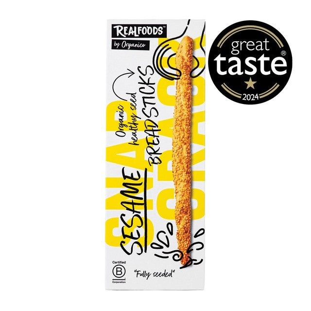 Realfoods organic sesame breadsticks 120g, imported from the UK