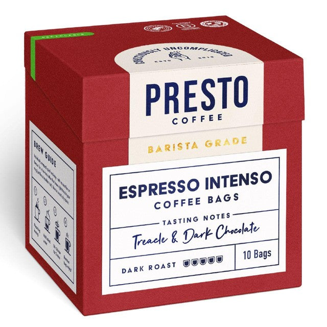 Presto Espresso Intenso coffee bags 10 pack, imported from the UK