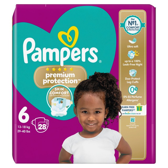 Pampers Premium Protection nappies Essential Pack Size 6 28 nappies, imported from the UK