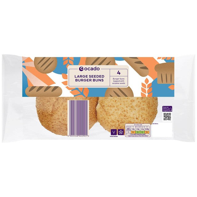 Ocado seeded burger buns 4 pack, imported from the UK