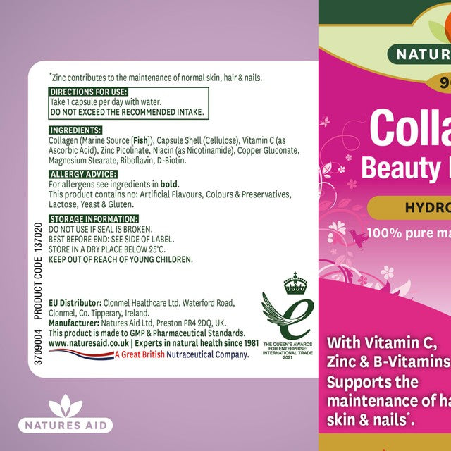 Natures Aid collagen beauty formula capsules 90 count, imported from the UK