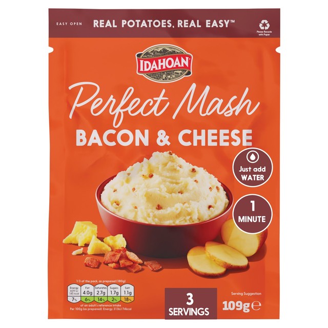 Idahoan cheese and bacon instant mash 109g, UK version
