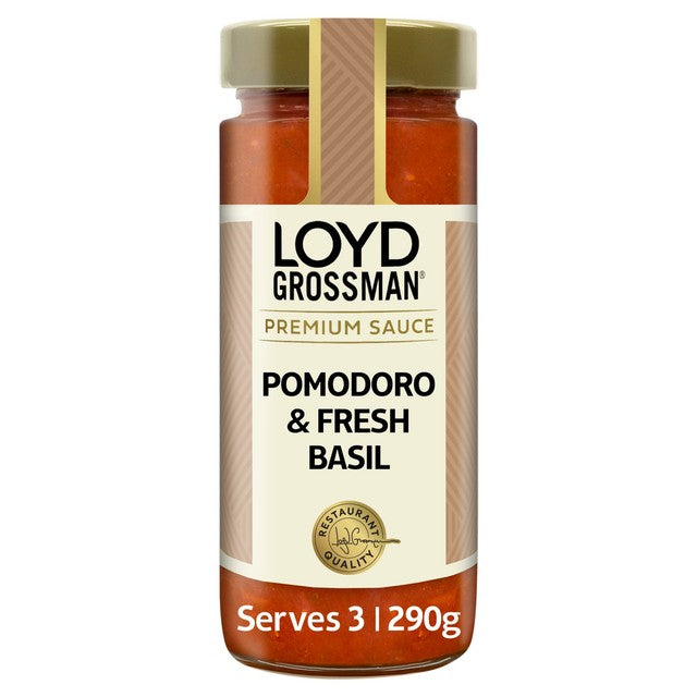 Loyd Grossman Pomodoro & Fresh Basil pasta sauce jar, imported from the UK