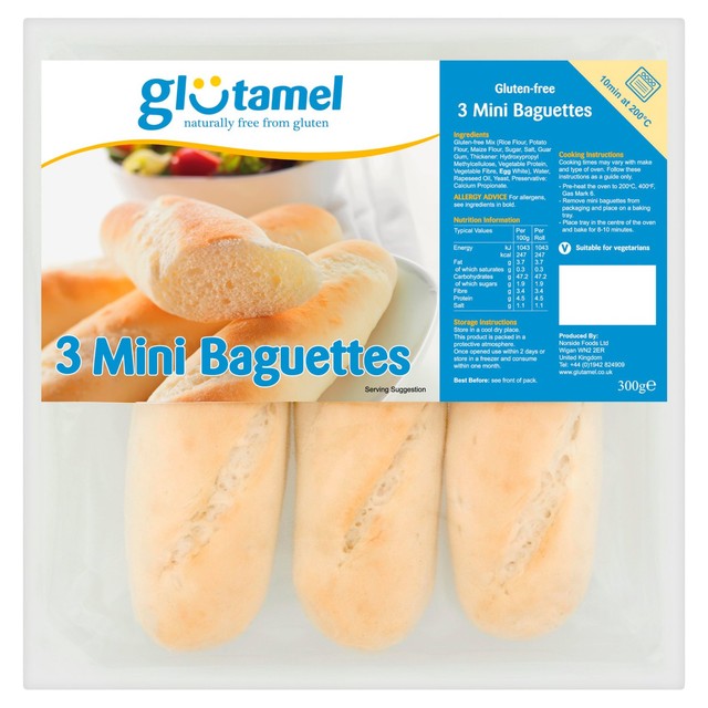 Glutamel gluten-free part baked baguettes 3 x 100g, UK version