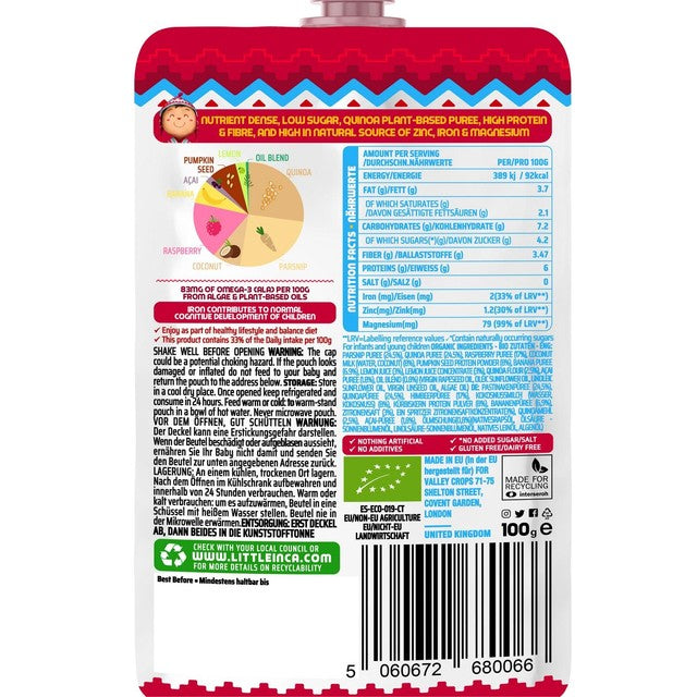 Little Inca quinoa porridge baby food pouch 100g, UK version