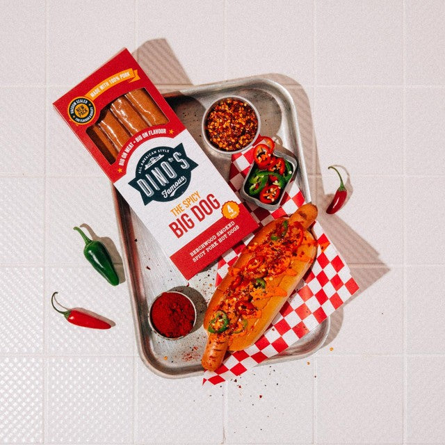 Dino's spicy smoked pork hot dogs 4 pack, UK version