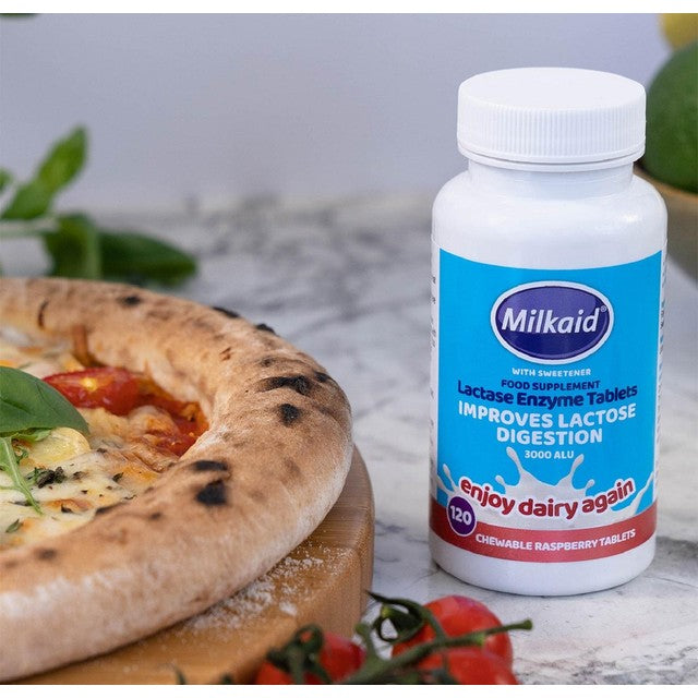 Milkaid raspberry flavour lactase chewable tablets 120 tablets, imported from the UK