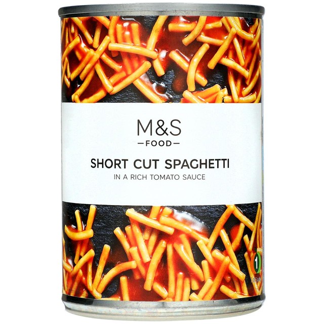 M&S short cut spaghetti in tomato sauce 410g, imported from the UK