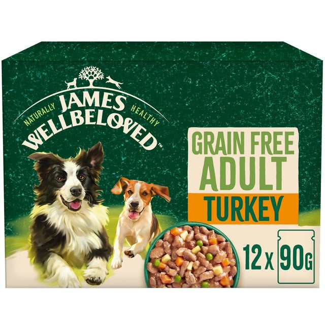 James Wellbeloved grain free turkey dog food pouches, imported from the UK