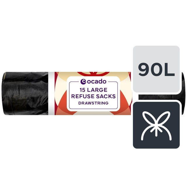 Ocado Large Black Drawstring Refuse Sacks 90L, imported from the UK
