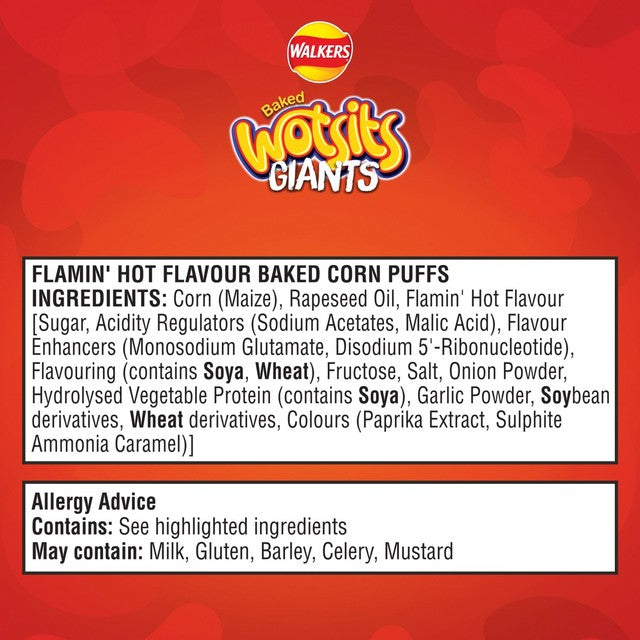 Wotsits Giants baked corn puffs sweet and spicy Flamin' Hot flavour 130g (British brand)