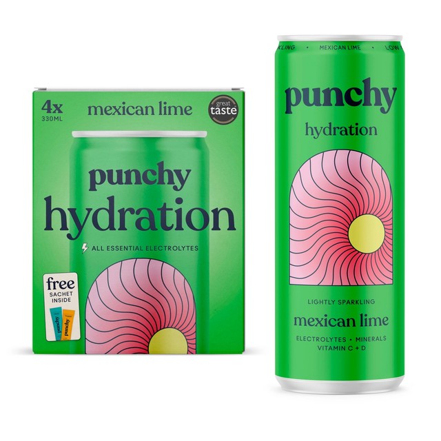 Punchy Mexican Lime sparkling hydration drink 4 x 330ml, imported from the UK