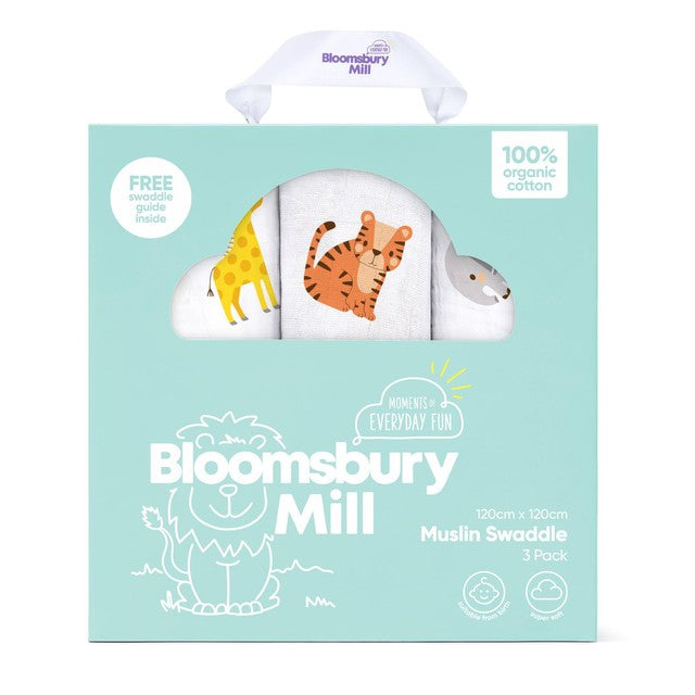 Bloomsbury Mill muslin swaddle blankets Jungle Cubs 3 pack - British product