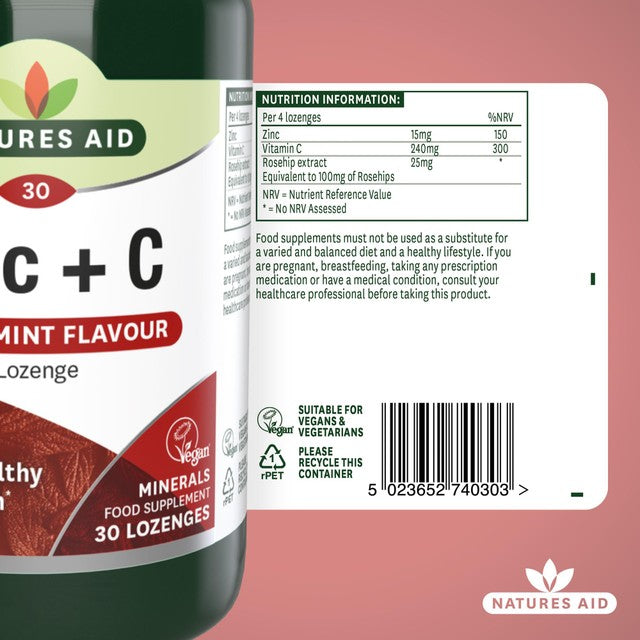 Natures Aid Zinc C peppermint supplement lozenges, imported from the UK