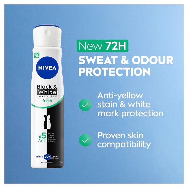 Nivea anti-perspirant deodorant spray Black & White Fresh 250ml, imported from the UK