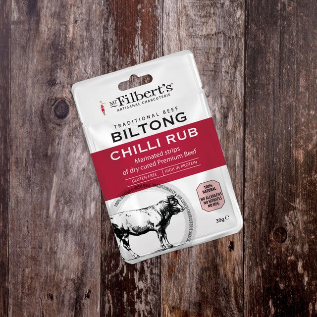Mr Filberts beef biltong chilli rub 25g, imported from the UK