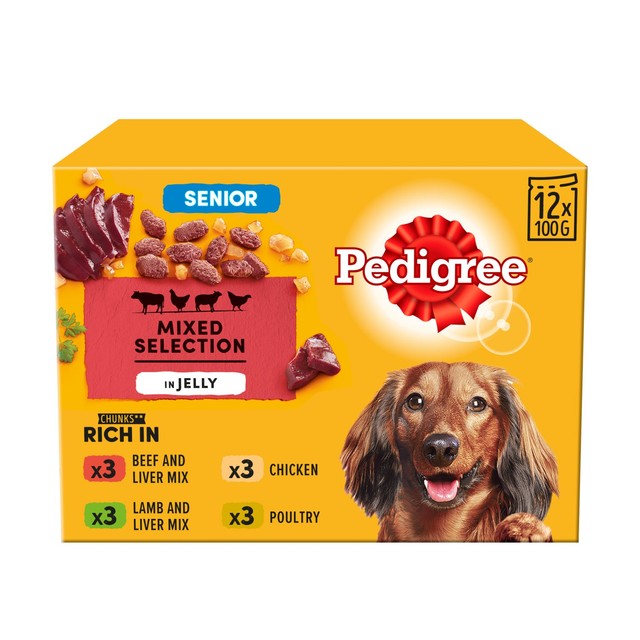 Pedigree wet dog food pouches mixed in jelly variety pack 12 x 100g, imported from the UK