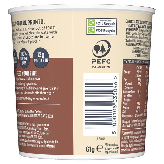 Quaker high protein porridge pot chocolate brownie 61g - British product
