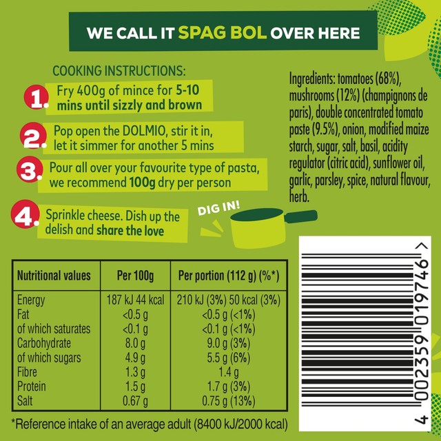 Dolmio bolognese chunky mushroom pasta sauce 450g - British product