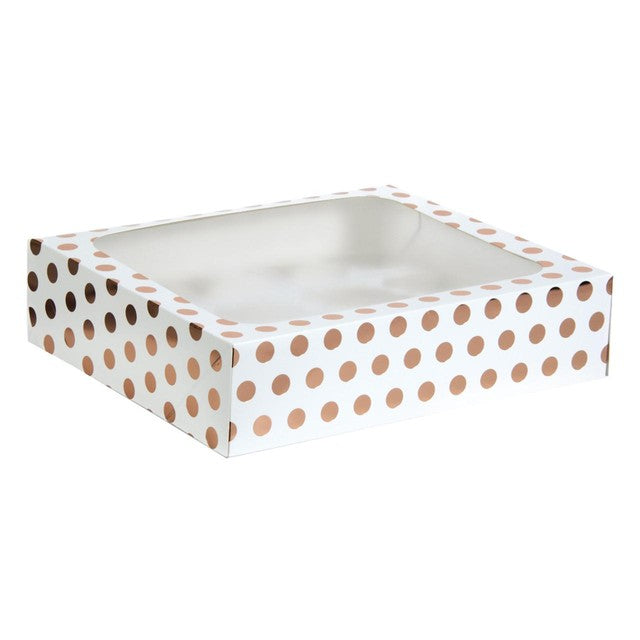 Anniversary House rose gold foil polka dots cupcake box for 12 cupcakes, imported from the UK