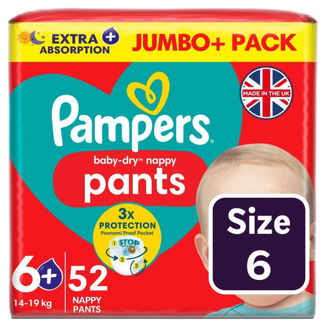 Pampers Baby-Dry Nappy Pants Extra Absorption Size 6+, imported from the UK
