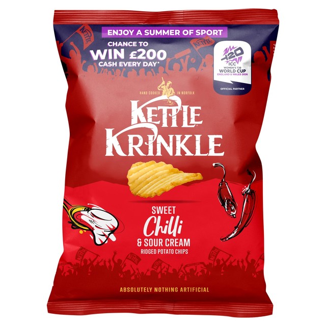 Kettle Chips sweet chilli sour cream krinkle crisps, imported from the UK