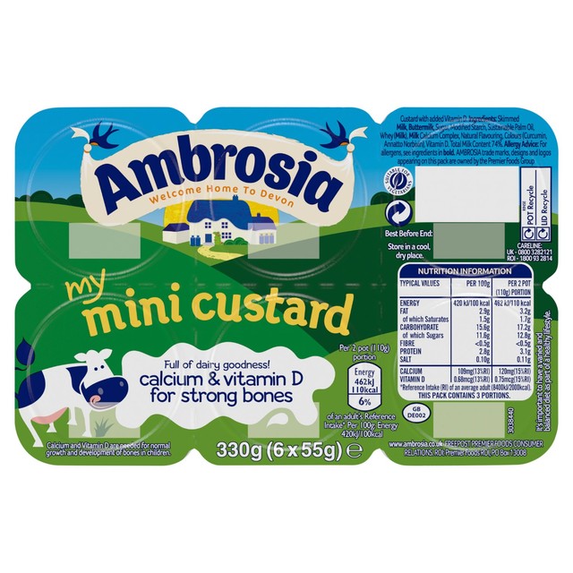 Ambrosia mini custard dessert snack pots with calcium and vitamin D, 3 portions - British product