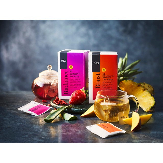 M&S green tea teabags pineapple and mango flavour 20 count, imported from the UK