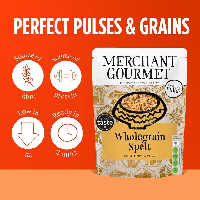 Merchant Gourmet cooked wholegrain spelt with olive oil 250g, imported from the UK