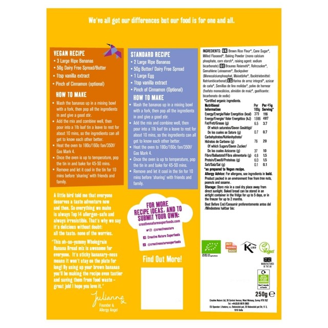 Creative Nature organic wholegrain banana bread mix 250g - British product