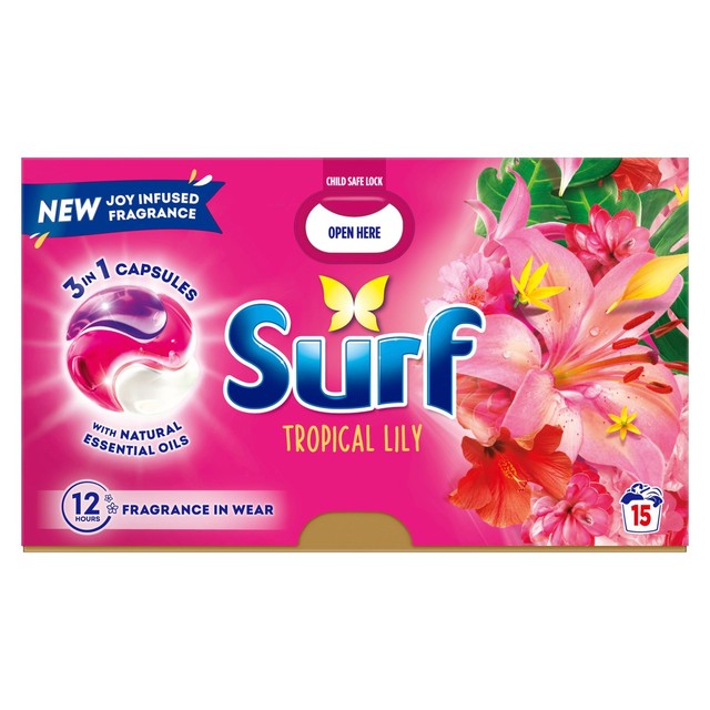 Surf Tropical Lily laundry detergent capsules 15 washes (British brand)