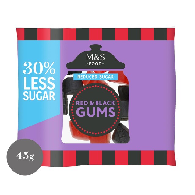 M&S reduced sugar red black gums 45g, imported from the UK