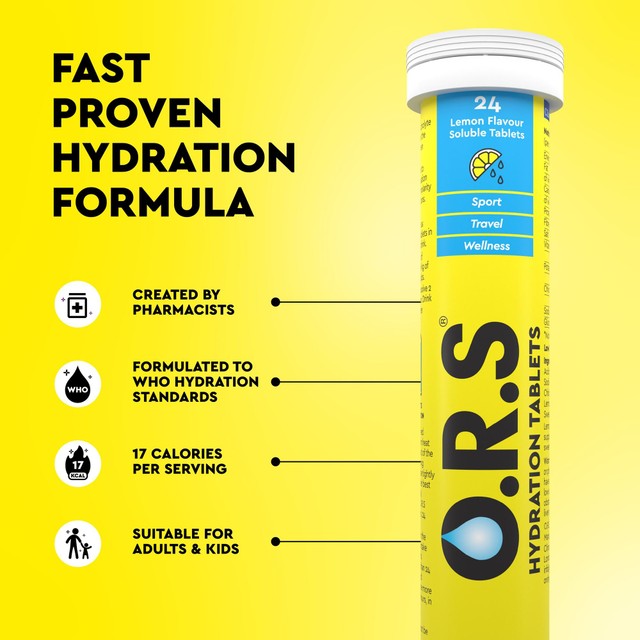 O.R.S lemon electrolyte tablets 24 pack, imported from the UK