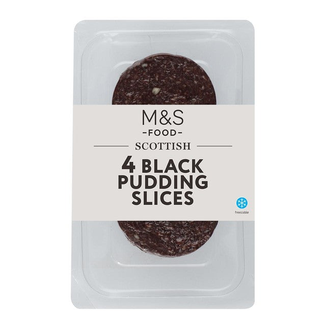 M&S Black Pudding Slices 4 pack 227g, imported from the UK