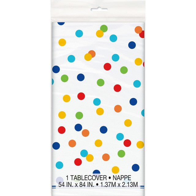Unique Party Rainbow Polka Dot Tablecloth 7ft x 4.5ft, imported from UK