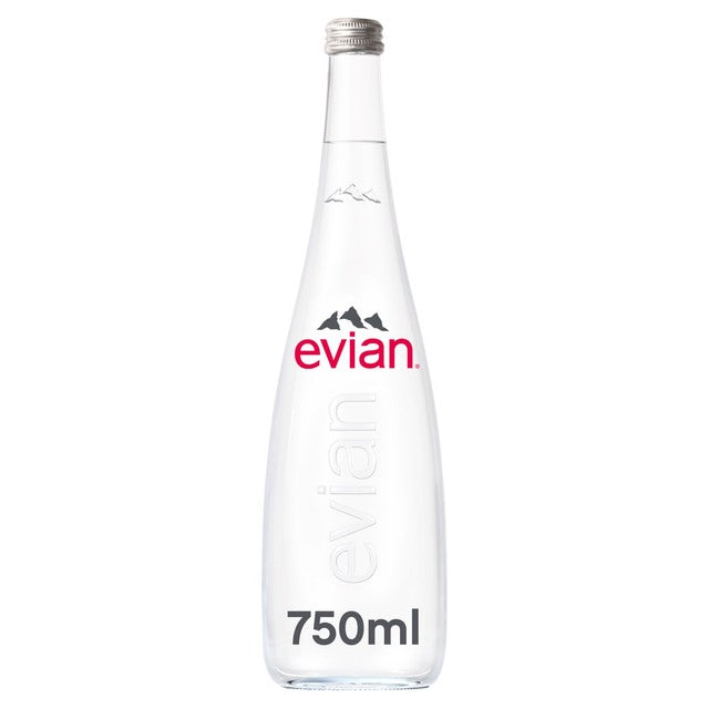 Evian still mineral water 750ml glass bottle - British product